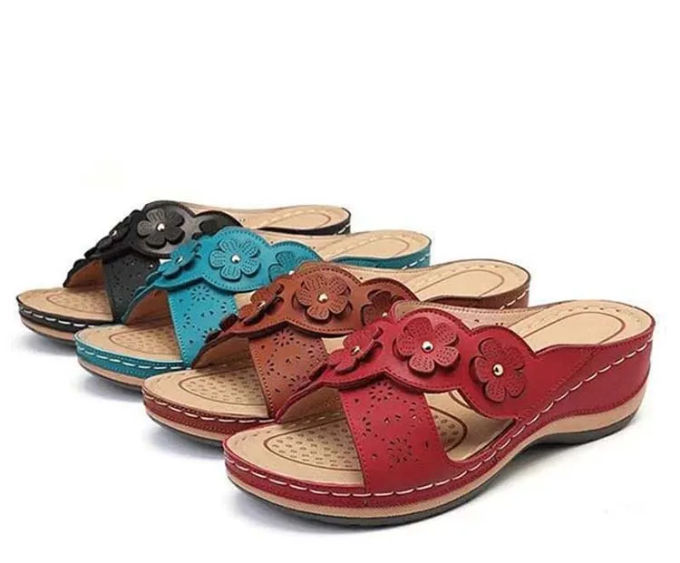 

2021 Women's Sandals Flowers Open Toe Shoes Woman Soft Premium Orthopedic Low Heels Walking Shoes Sandals Female Drop Shipping