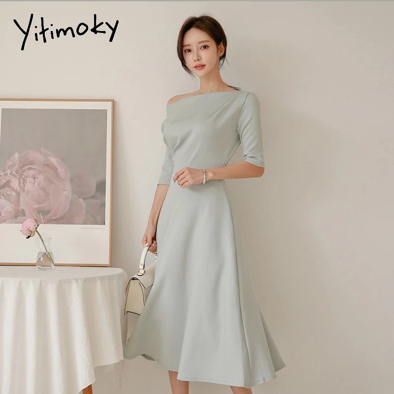 

Yitimoky Off Shoulder Dress for Women Half Sleeve Korean Fashion Solid Clothing High Waisted Vintage Summer Elegant Empire Dress
