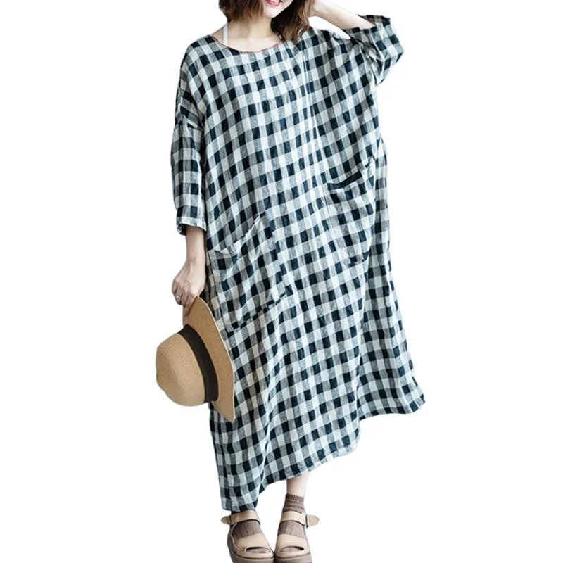 Для женщин платье с принтом в клетку Повседневное Vestidos винтажном стиле длинным