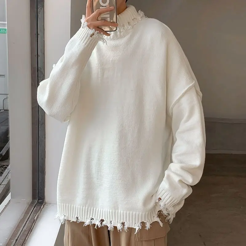

Korean turtleneck sweater men knit pullover long sleeve solid color sweaters autumn winter ripped raw edge male loose grunge top