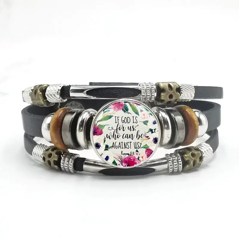 

Bible Verses Quoted Glass Cabochon Bracelet God Men and Women Black Leather Snap Bracelet Sports and Leisure Running Bracelet