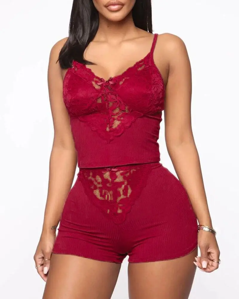 

Hirigin home casual pajamas set 2 pieces pajamas set for women solid color lace v-neck sleeveless top and shorts