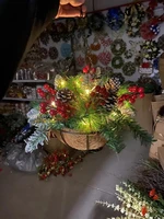 led lights artificial plants christmas hanging basket with pine cones red berries decoration for outdoor indoor lawn garden