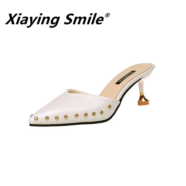 

Xiaying Smile 2020 summer new pointed shallow mouth rivets fine high heel women's shoes fashion wild word slippers women sandals