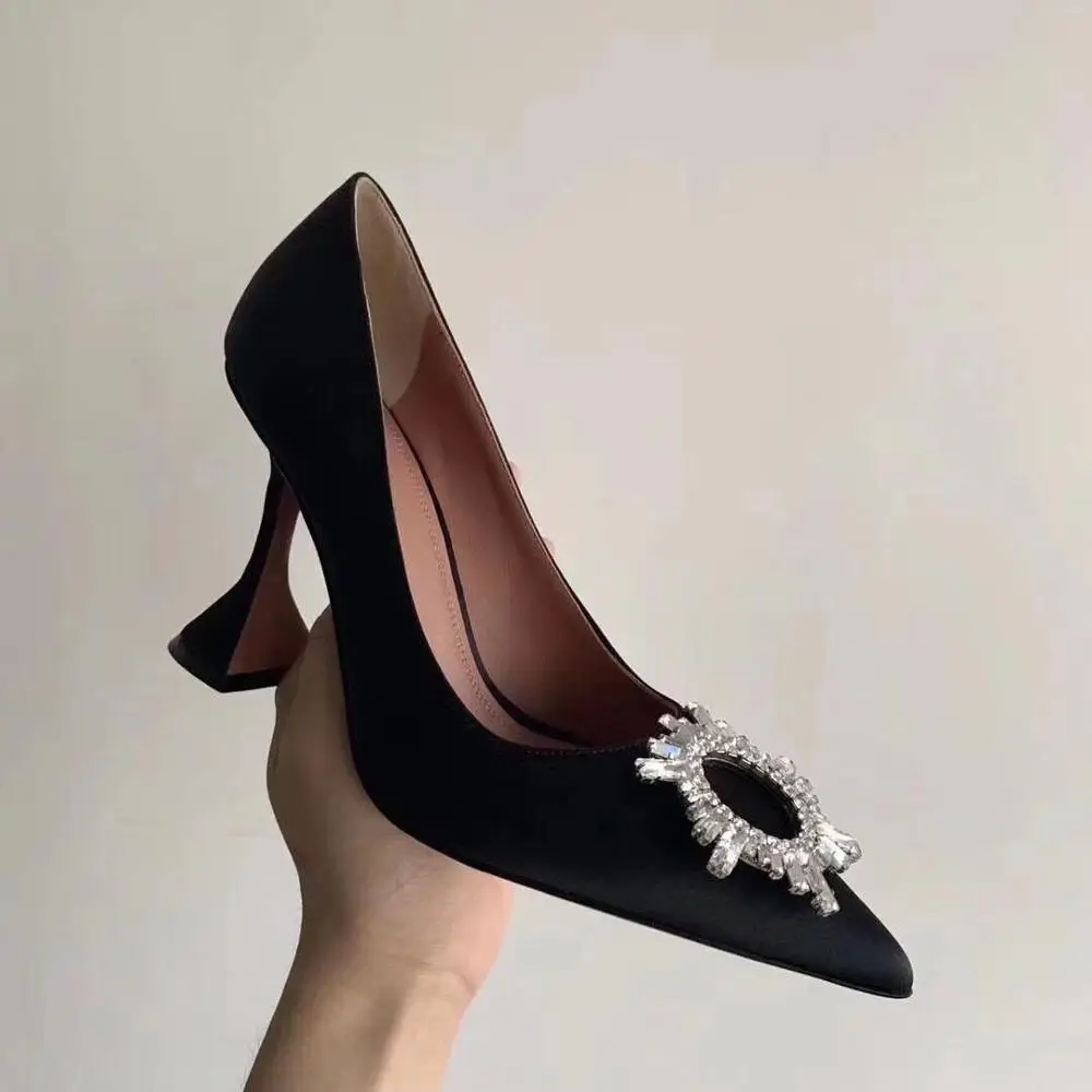 

Free shipping fashion women pumps black satin Rhinestone crystal pointy toe heels high heels for women