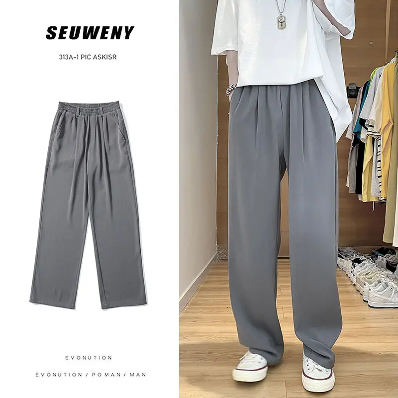 

Summer Solid Color Ice Silk Casual Pants Men Korean Fashion Loose Straight-leg Pants Men Harajuku Streetwear Wide-leg Pants Men