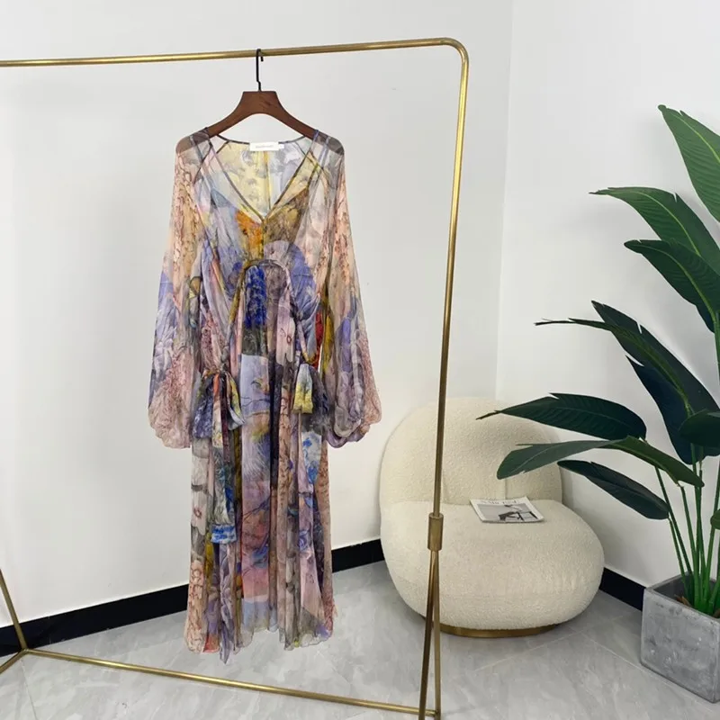 

Женское шелковое платье с длинным рукавом-фонариком, свободное элегантное платье, лето 2021