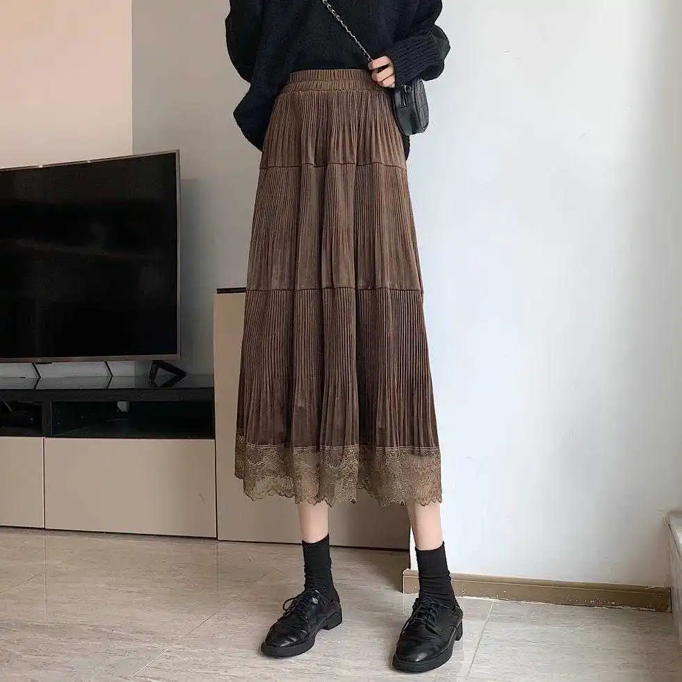 

ICCLEK JXMYY Autumn and winter models are thin pleated lace mesh stitching velvet pleated skirt wome