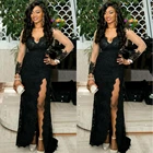 Вечернее кружевное платье до бедра, черное платье с V-образным вырезом, аппликацией, длинным рукавом, юбкой-годе, для выпускного вечера, размера плюс