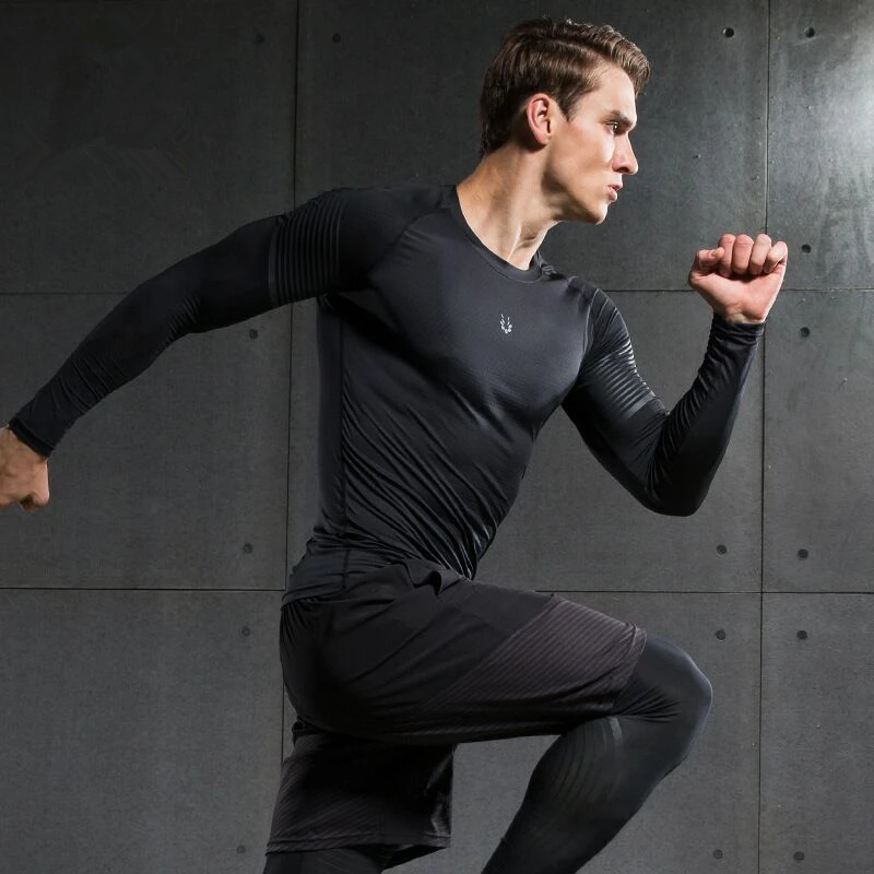 2020 Mens Printed Gym Compression Shirts Skinny Long Sleeve Quick Dry Running Sportswear Tops Fitness Training Sports T-shirts | Спорт и