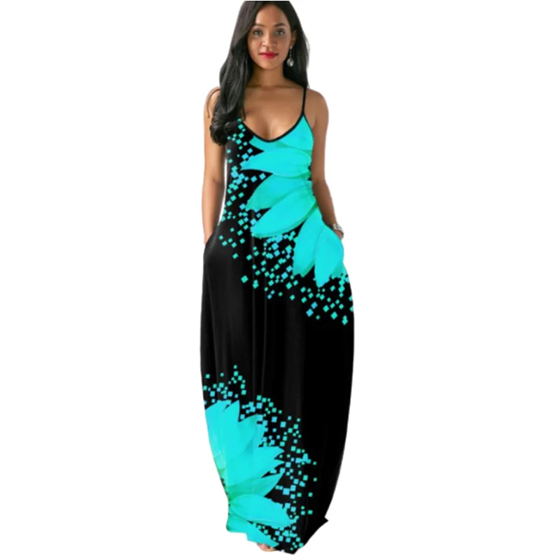 

Sunflower Print Long Maxi Dress Sleeveless Women Summer Sexy V-Neck Black Strappy Dress Open Back 3XL 4XL 5XL vestido de verano