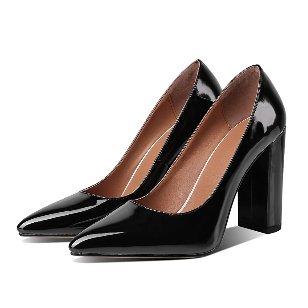 

Aiyoway Simple Patent Leather Square High Heels Pump Spring Fashion Pointed Toe Women Party Office Career Shoes Large Size 34-43