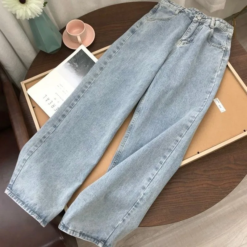 

Light Blue Denim Trousers Vintage Wide Leg Pants Women Korean Straight Long Pants High Waist Casual Loose With Belt 2020 Autumn