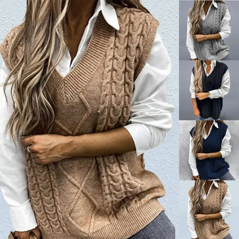 

Women's Sweater Pure Color Sleeveless Warm Trendy Sweater Vest Vintage V-neck Loose Twist Knitted Vest for Autumn Winter