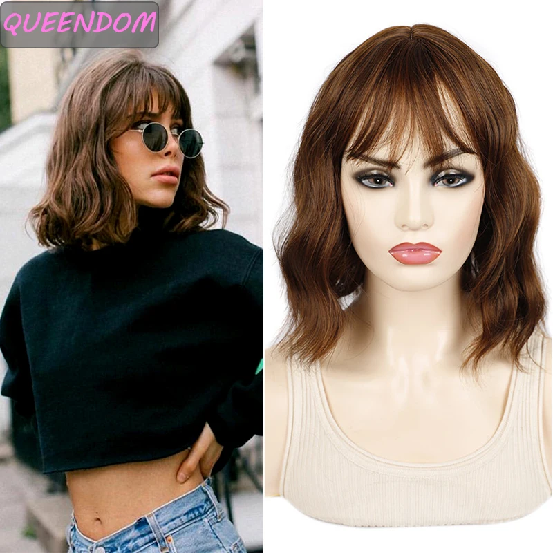 

Short Bob Wavy Wig with Bangs Synthetic Pink Wigs for Women Shoulder Length Daily Cosplay Wig Heat Resistant Curly Wave Hair Wig