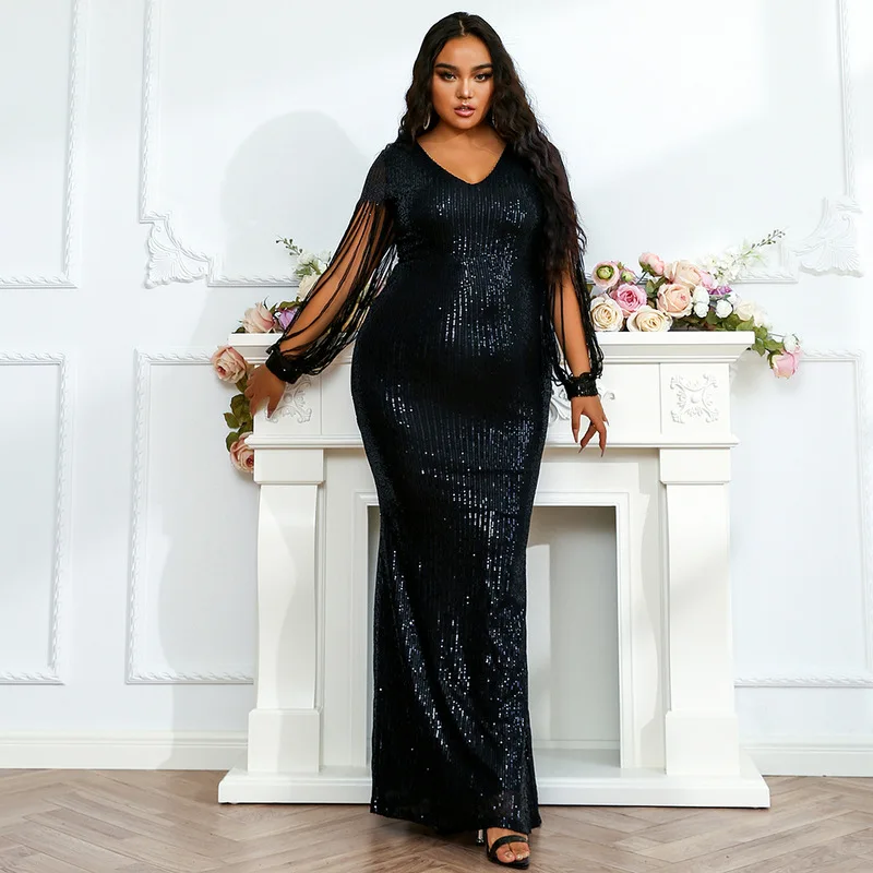 

Female Singer Stage Costume African Clothes Cocktail Party Evening Dresses Plus Size Puff Tassel Sleeve Sequins Long Dress S2332