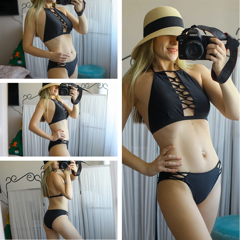 

Bikini Set Swimwear Women 2021 New Sexy Bandage Bikini Solid Black Two PIece Swimsuit Swimming For Women Suits Beachwear Summer