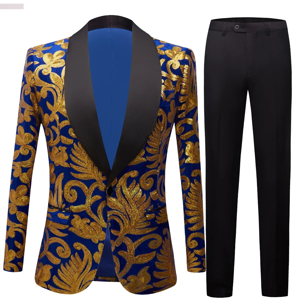 Luxury Royal Blue Sequin Dress Blazer Men Nightclub Stage Shawl Collar Mens Suit Jacket Wedding Party Stage Blazer Masculino