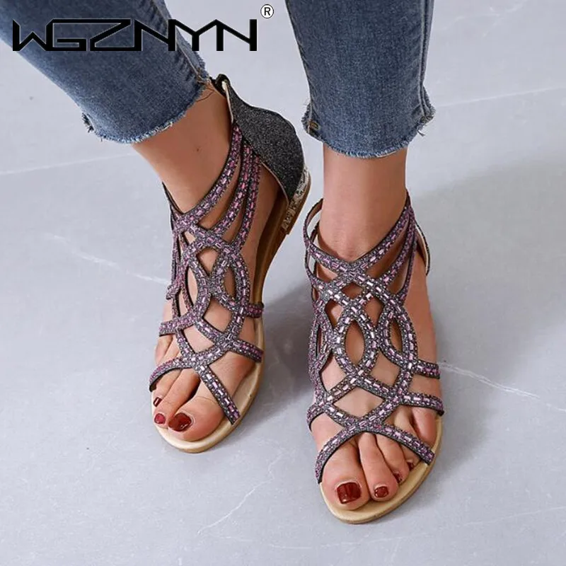 

2021 Summer Sandals Women's Flats Open Toe Shoes Woman Fashion Diamond Casual Shoe Plus Size 36-43 Sandals Sexy Ladies Shoes