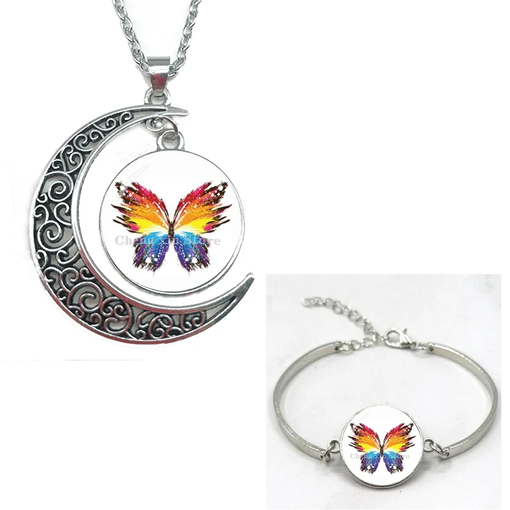 Ожерелье и браслет со стеклянным кабошоном изображением бабочки