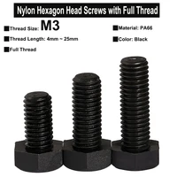 50pcs m3 black nylon pa66 hexagon head screws with full thread hexagon head bolts thread length 4mm25mm