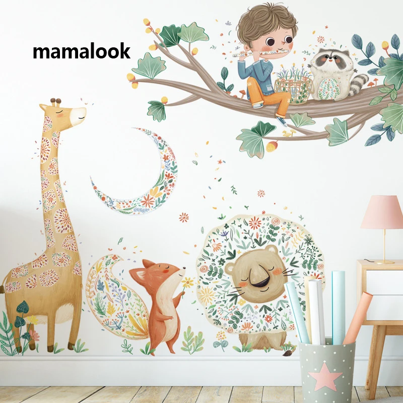 

Cute cartoon giraffe lion fox decorative stickers children's room kindergarten wall stickers big tree wall stickers