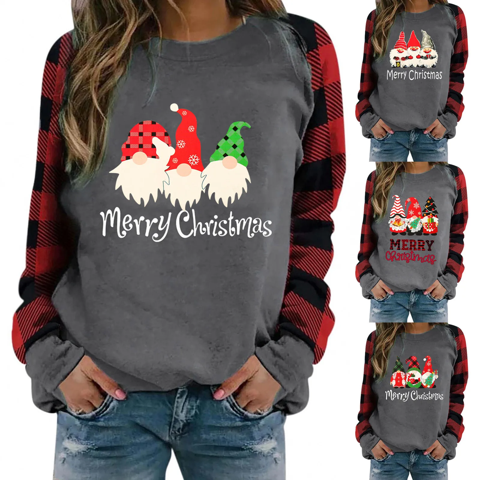 

Feitong Women O-neck T-shirts Christmas Plaid Long Sleeve Gnome Print Casual Top Outdoor T-shirt Oversize Tee Shirts Wholesales