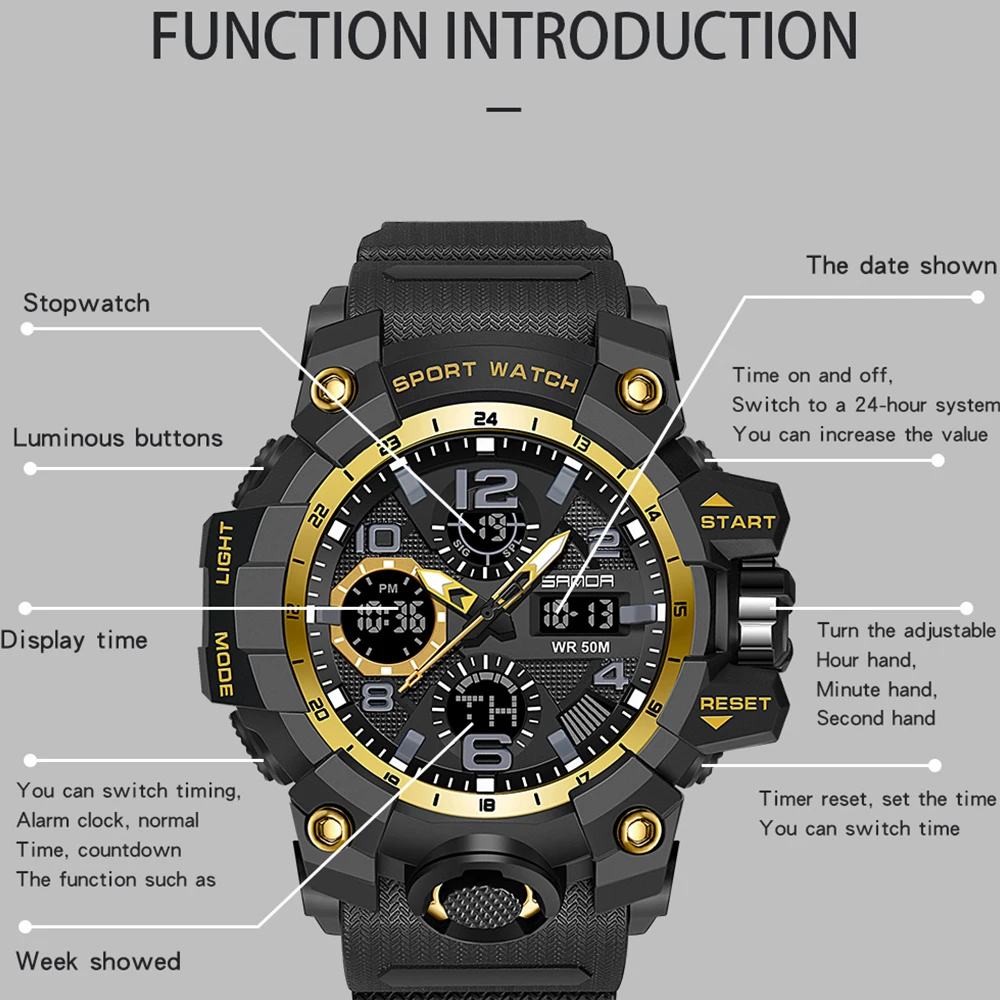 

SANDA Military Men's WatchesTop Brand Waterproof S Shock Sport Wristwatch Fashion Quartz Watch Male Clock relogio masculino