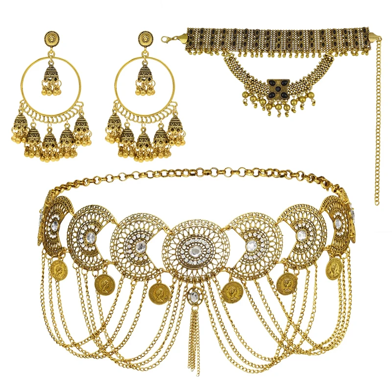 

Vintage Coin Choker Necklace Bells Earrings Set Boho Ethnic Crystal Flower Beach Waist Chain Belts Indian Gypsy Body Jewelry