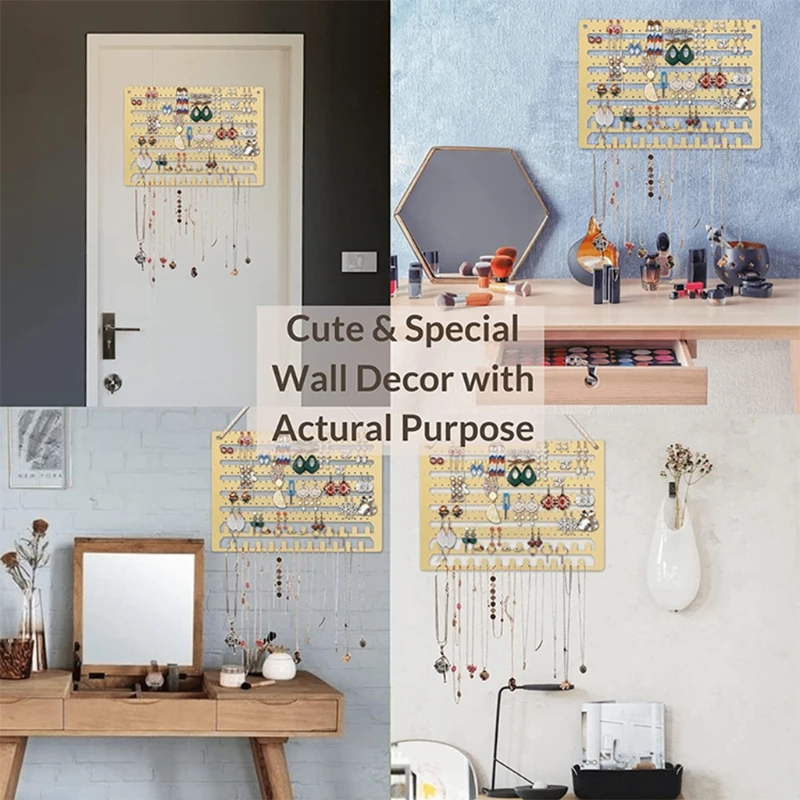 

Wooden Hanging Jewelry Organizer Wall Mounted Necklace Earrings Display Stand Ear Studs Holder Storage Rack Home Decoration