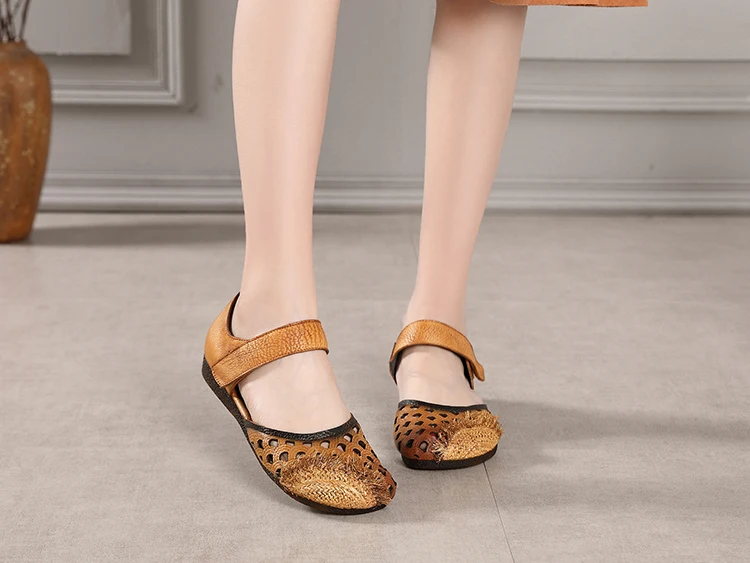 Кожаные открытые сандалии в этническом стиле Повседневная Удобная женская обувь
