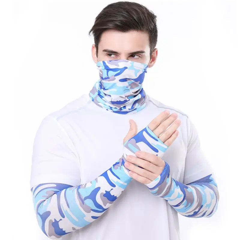 

2 In 1 Arm Sleeves Neck Gaiter Set Camouflage Cycling Sunscreen Bandana Ice Silk Cooling Face Mask Balaclava Gloves