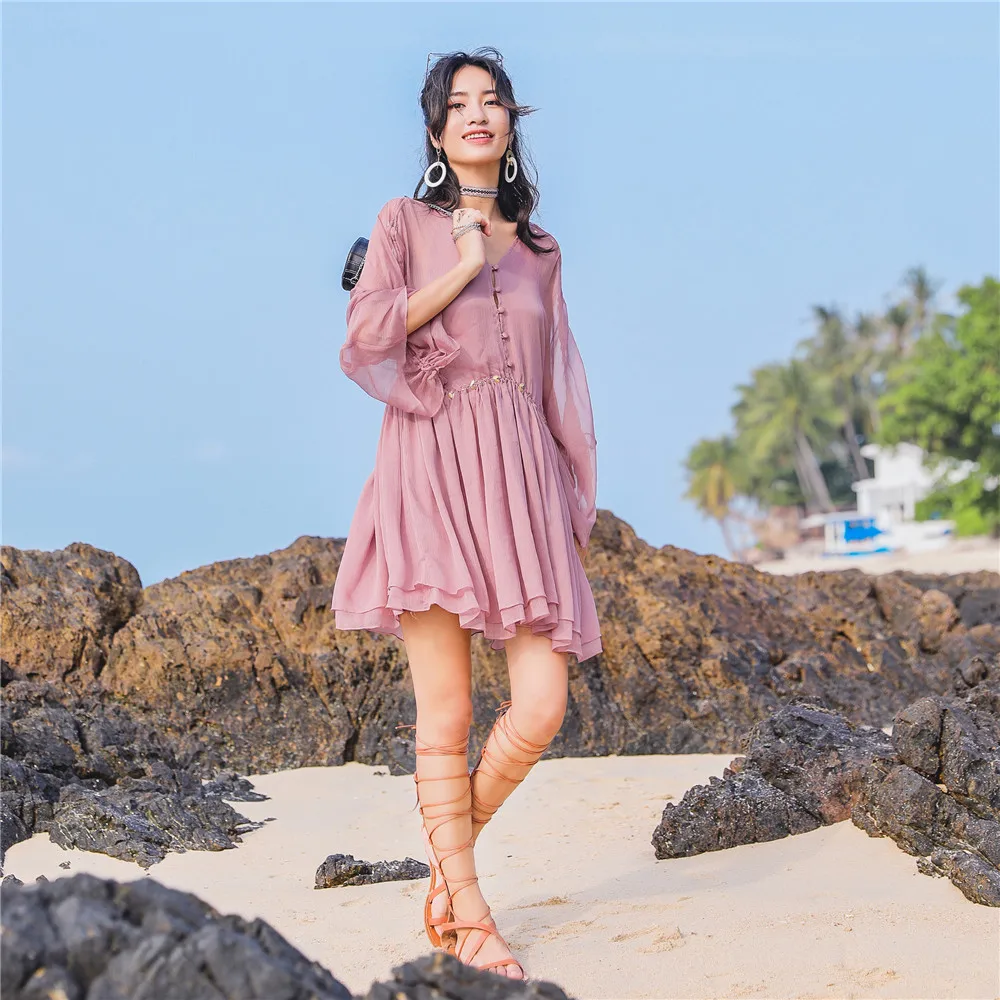 

Летние модные женские розовые платья с длинным рукавом и оборками, сексуальные пляжные праздничные элегантные плиссированные шифоновые пл...