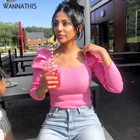 Женская блузка с пышными рукавами Wannathis, розовая облегающая блузка с вырезом лодочкой, стрейчевая модная уличная одежда, повседневный однотонный топ на осень