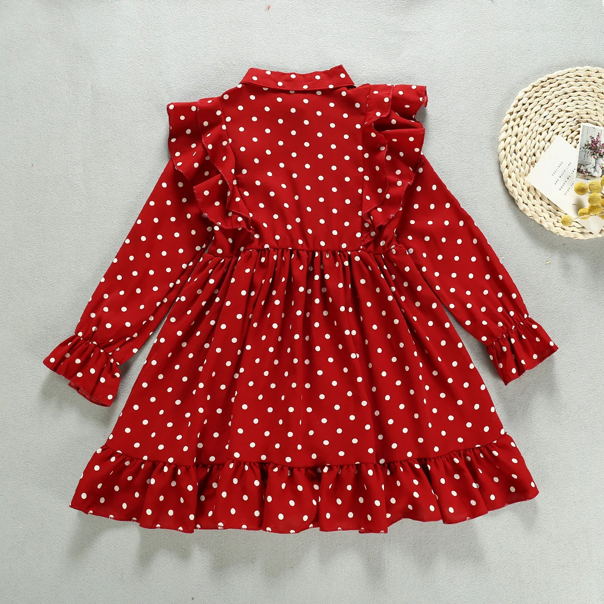 

pretty princess party long sleeve ruched ruffle dot dresses toddler kids baby girls casual knee length dress children 1-7Y