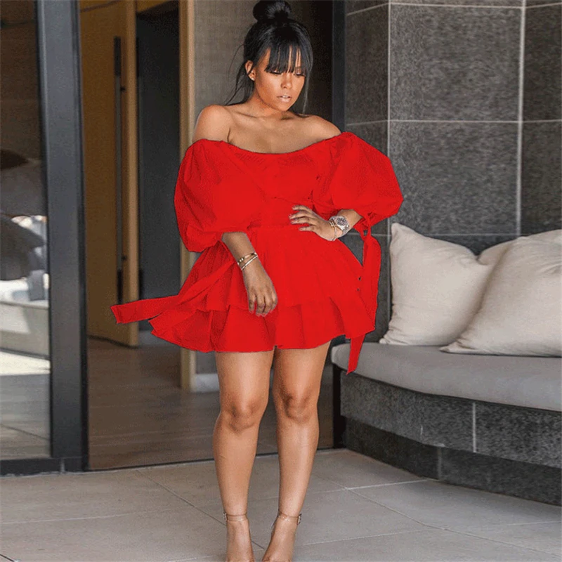 

Adogirl Women Solid Off Shoulder Puff Sleeve Mini Dress