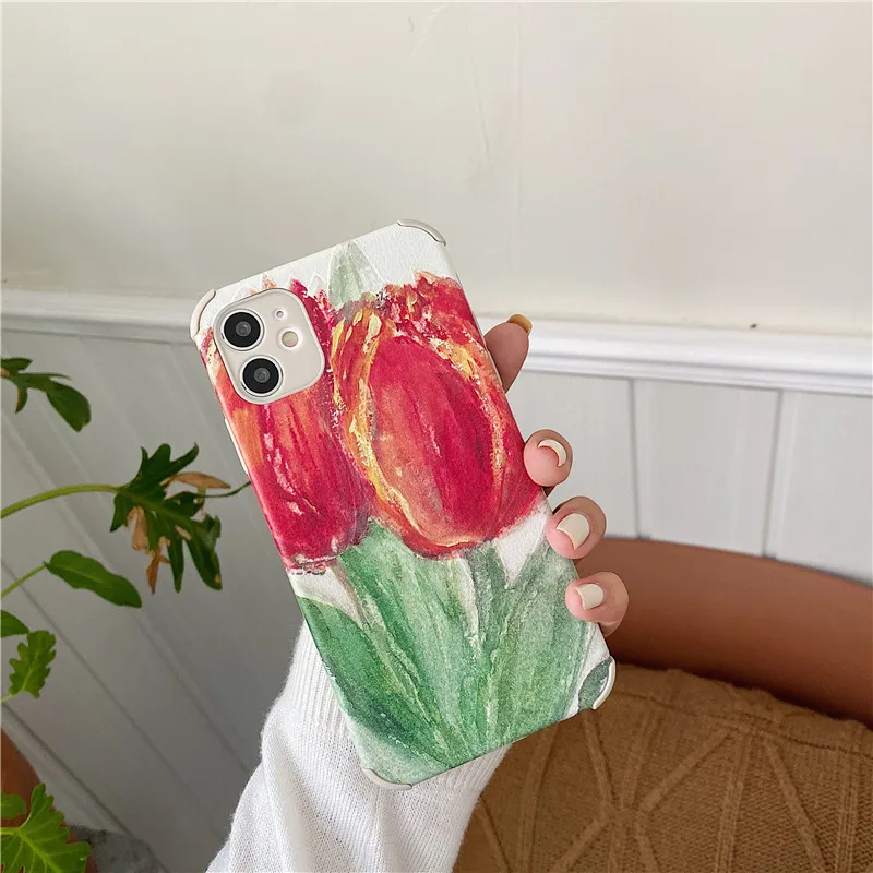 

For iphone 12 Case,Oil Painted Tulips Case For Iphone 12 Pro Case,Soft TPU Back Protective Phone Case For Iphone 11/X/XS/XR