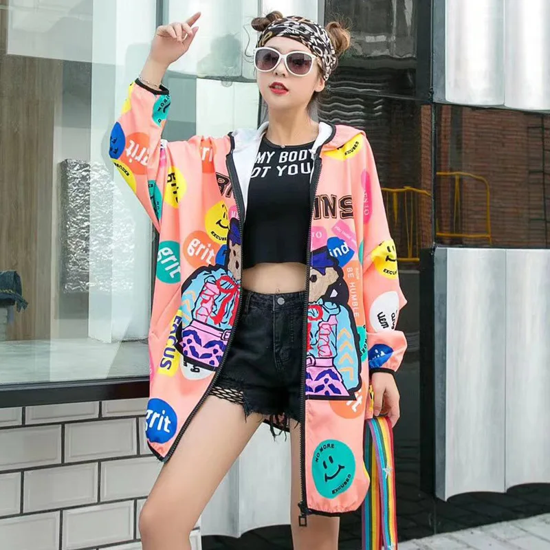 

Spring autumn jacket women hooded streetwear oversized zipper women jacket hip hop lady cartoon long jacket pink loose outerwear