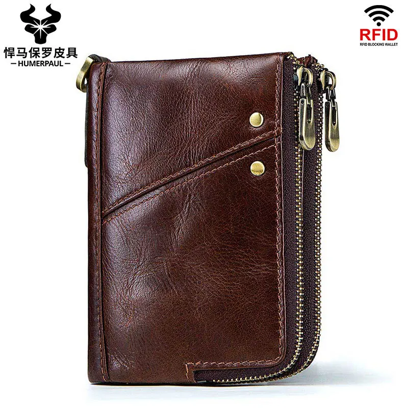 

Anti-theft Brushed RFID Leather Men's Wallet Multifunctional Double Zipper Vertical Wallet Fashion Casual Coin Purse