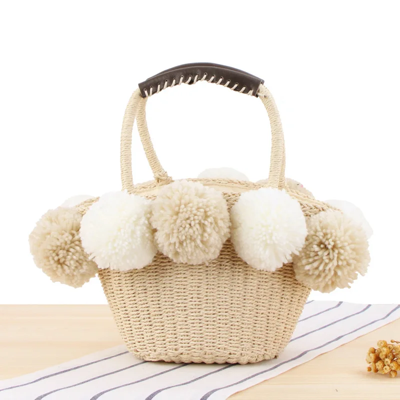 

Hand Woven Beach Bag Cute Contrast Color Big Wool Ball Super Cute Straw Bags Small Fresh Leisure Bags