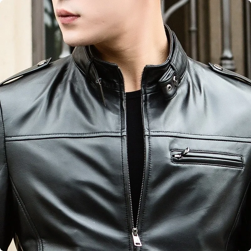 

Luxury Mens Slim Fit Genuine Leather Jacket Stand Collar Autumn Windproof Short Motor Coat Man 100% Sheepskin Aviation Jacket