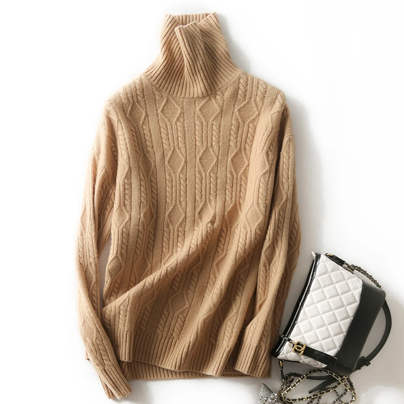 

turtleneck sweater for women thick knitted winter natural wool pullover full sleeves casual short female sweater