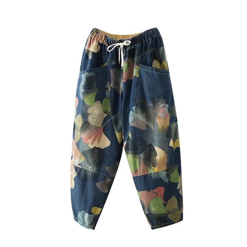 

100kg Large Size Women Spring Fall Vintage Elastic Waist Colorful Print Baggy Harem Casual Jeans Female Ankle Length Denim Pants