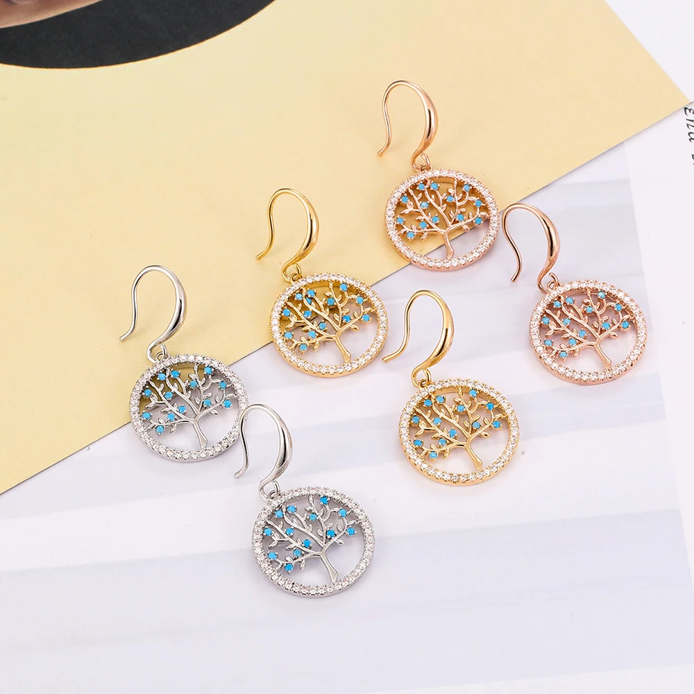 Модные изысканные серьги-подвески с кубическим цирконием и деревом жизни для