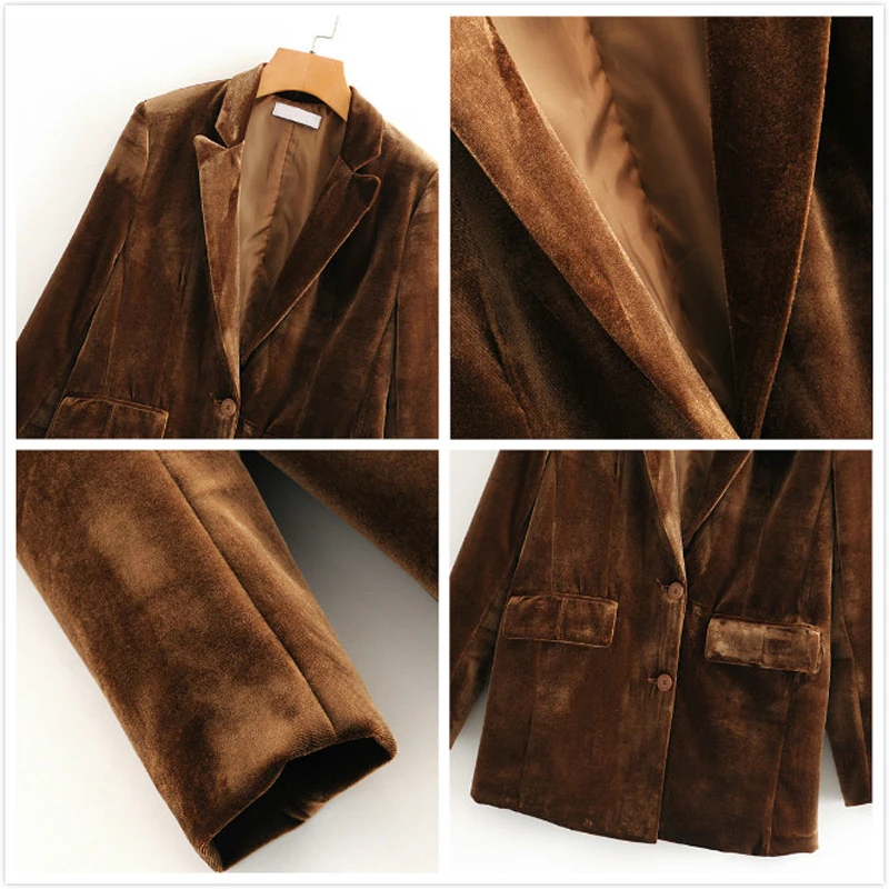 Женский бархатный костюм двойка Осенний однобортный пиджак и расклешенные брюки