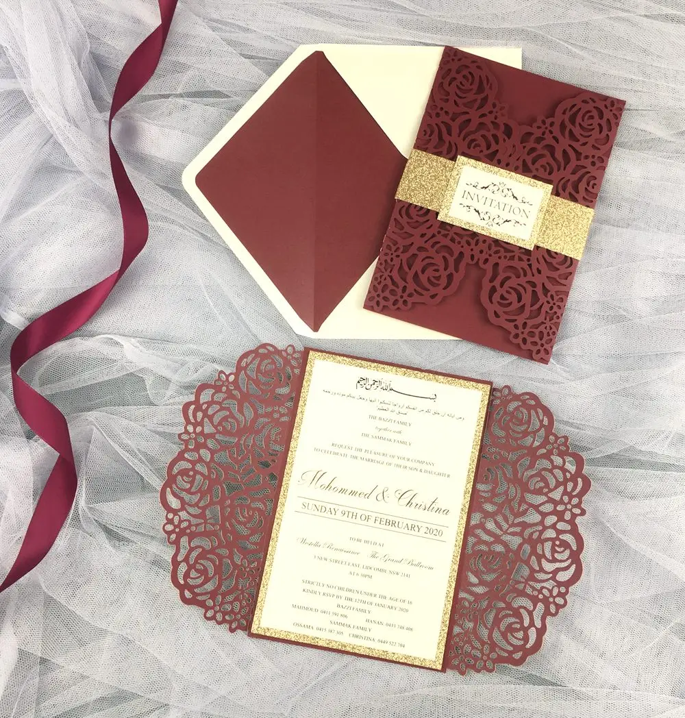 1 шт. бордовые Пригласительные открытки лазерная вырезка тройного сложения флэш