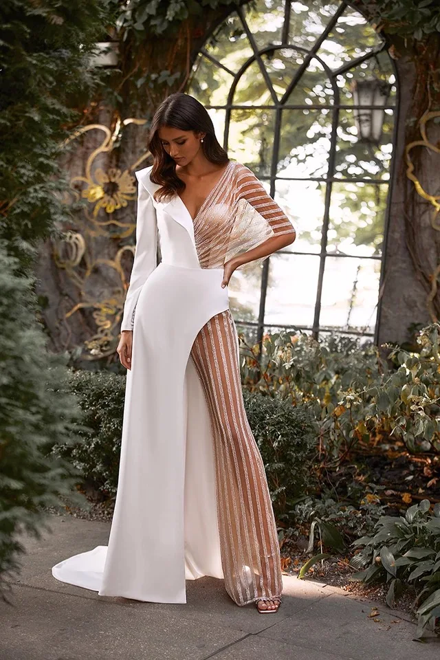 

Jumpsuit Wedding Dresses 2021 Pants Suit Party Bridal Gown Illusion Tulle Long Sleeve V-Neck Sweep Train Robe De Mariee