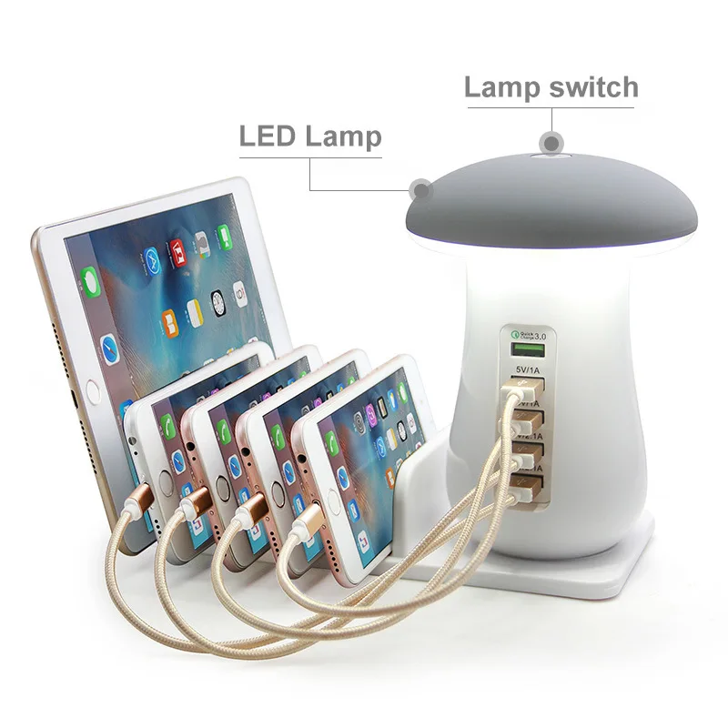 

5-Port USB Charging Base QC 3.0 Fast Charging Table Lamp Creative Mushroom Lamp USB Mobile Phone Stand Desktop Charging Station