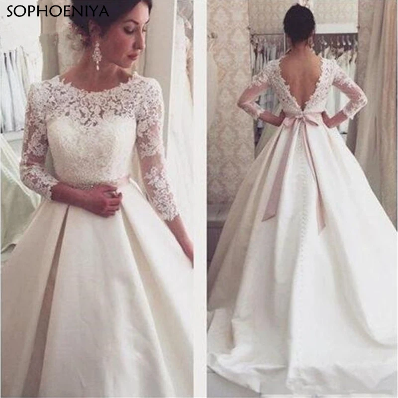 

Vestido De Novia O-Neck Wedding Dress 3/4 Sleeve Satin Bridal Dress Wedding Gown Robe De Mariee 2021 Robe Woman Dress