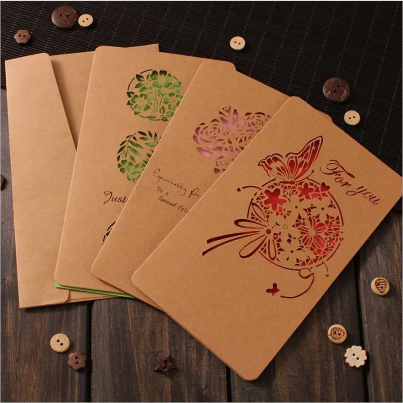 

50pcs Kraft Paper Hollow Blank Birthday Stationery Blessing Message Written Greeting Invitation Card Envelope Gift Stationery